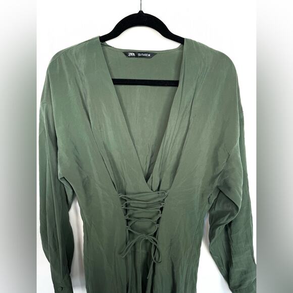 Zara V Neck Lace Up Corset Long Sleeves Flowy Mini Dress Khaki Green Size Large - Picture 8 of 14